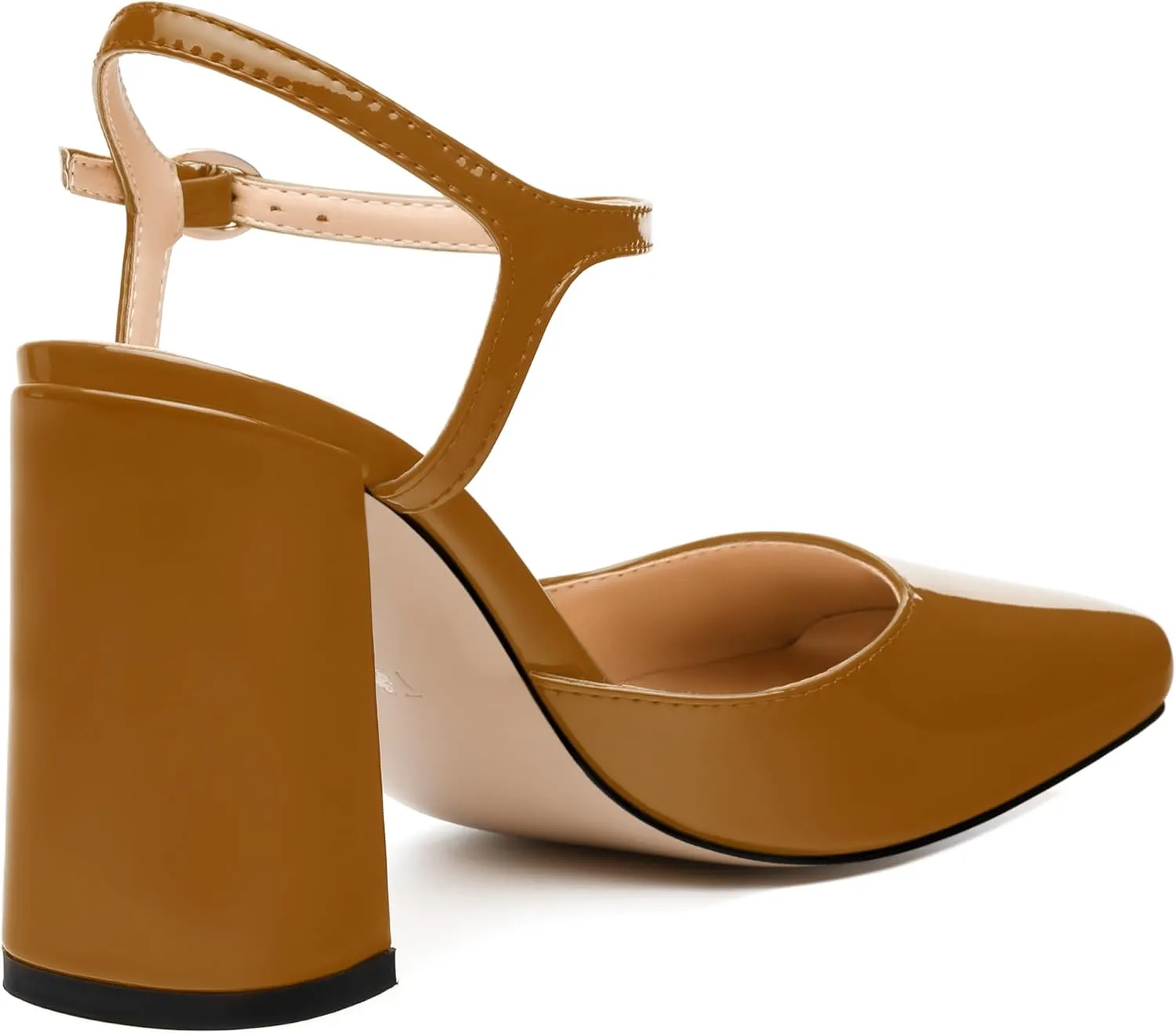 MODENCOCO Womens Closed Toe Ankle Strap Heels Square Toe Block Heeled Sandals Patent High Heel Pumps Sexy Party Wedding Dress Shoes