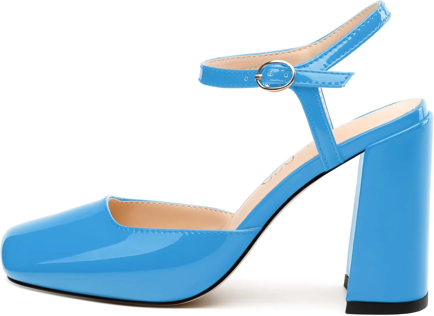 MODENCOCO Womens Closed Toe Ankle Strap Heels Square Toe Block Heeled Sandals Patent High Heel Pumps Sexy Party Wedding Dress Shoes