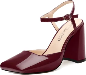 MODENCOCO Womens Closed Toe Ankle Strap Heels Square Toe Block Heeled Sandals Patent High Heel Pumps Sexy Party Wedding Dress Shoes