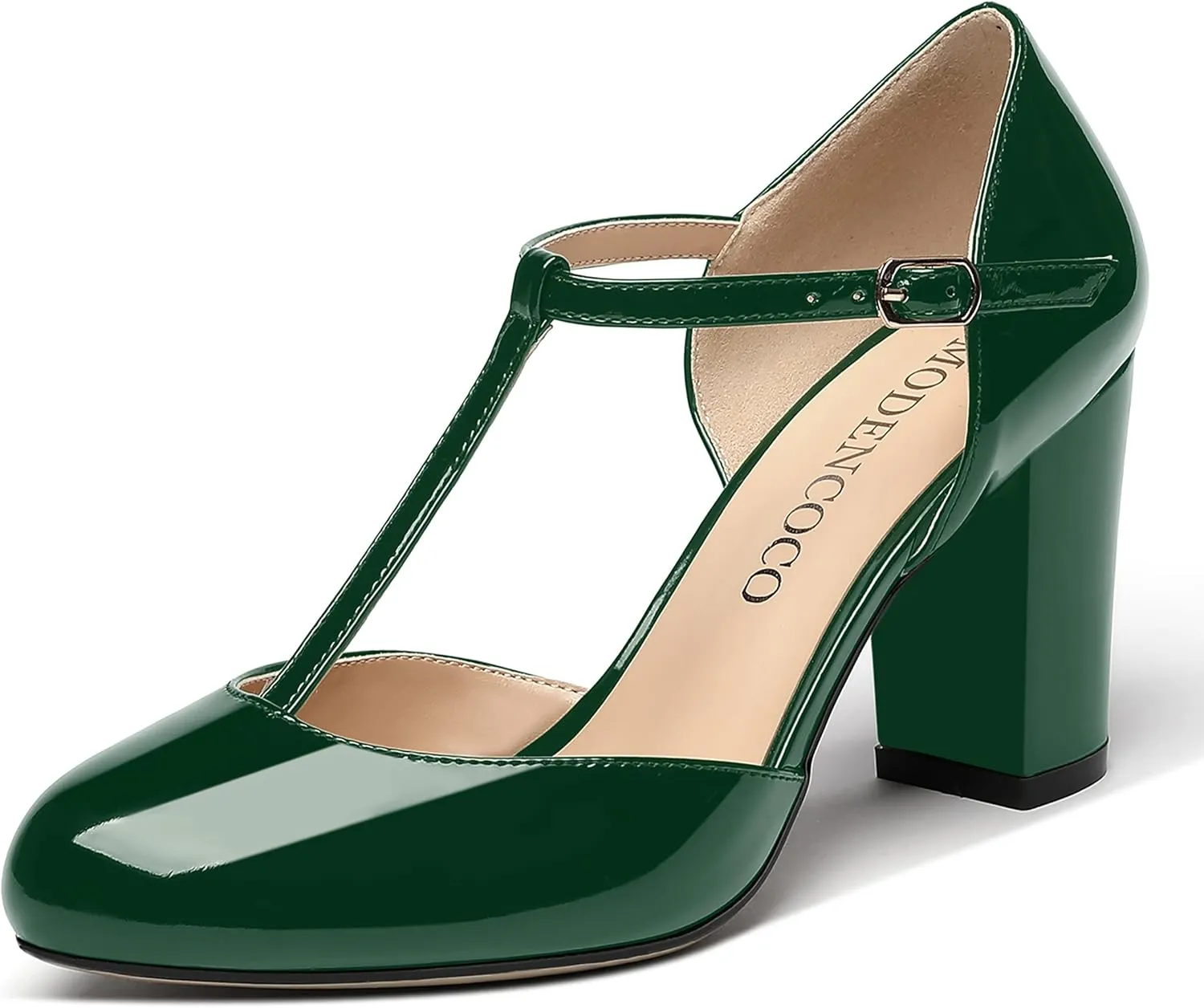 MODENCOCO Women's Patent Buckle Ankle Strap Solid Round Toe T Strap Block High Heel Pumps Shoes 3.5 Inch