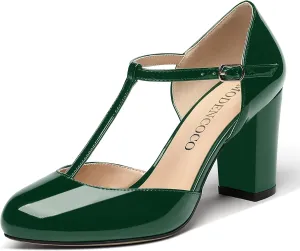 MODENCOCO Women's Patent Buckle Ankle Strap Solid Round Toe T Strap Block High Heel Pumps Shoes 3.5 Inch