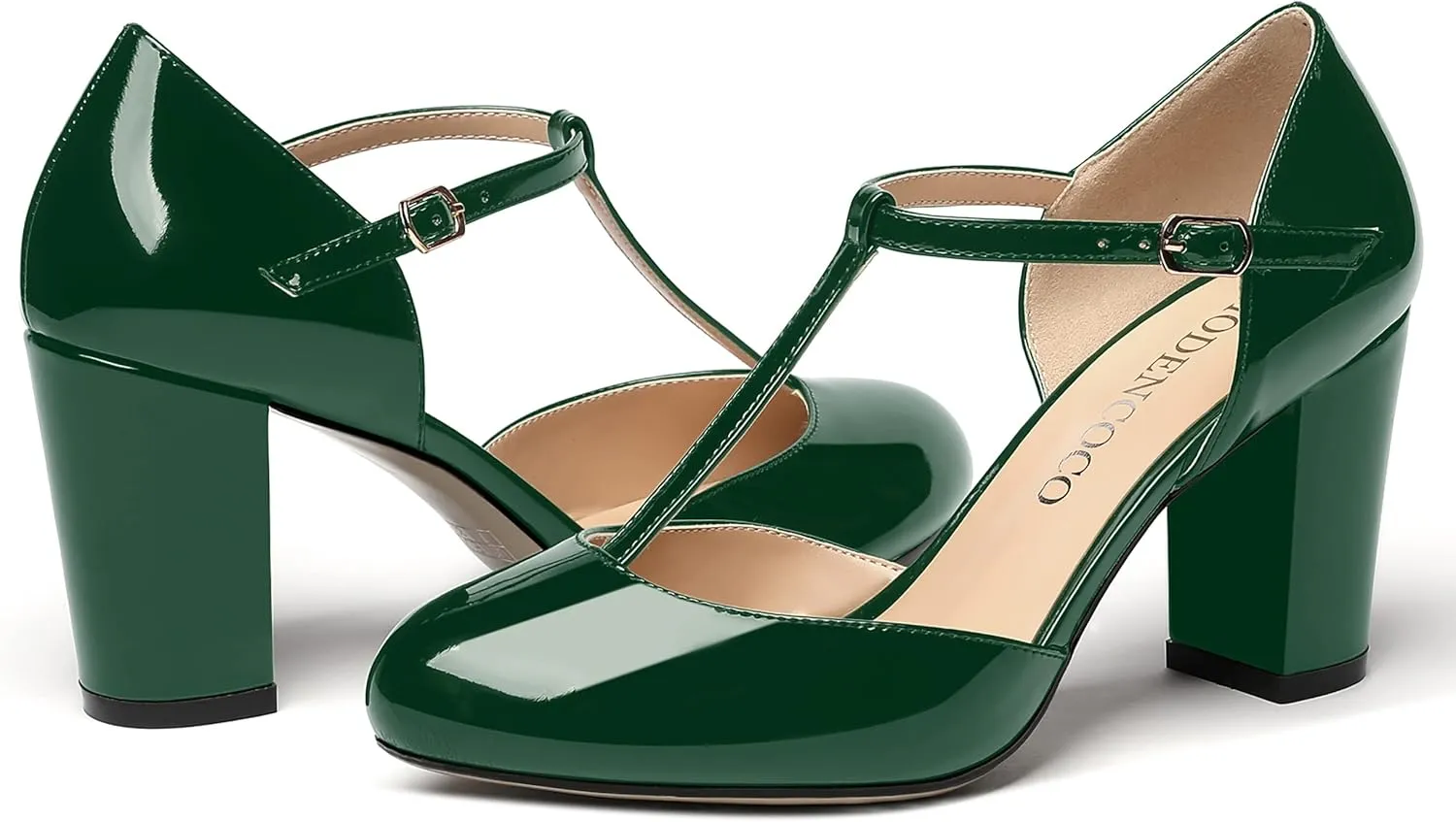 MODENCOCO Women's Patent Buckle Ankle Strap Solid Round Toe T Strap Block High Heel Pumps Shoes 3.5 Inch