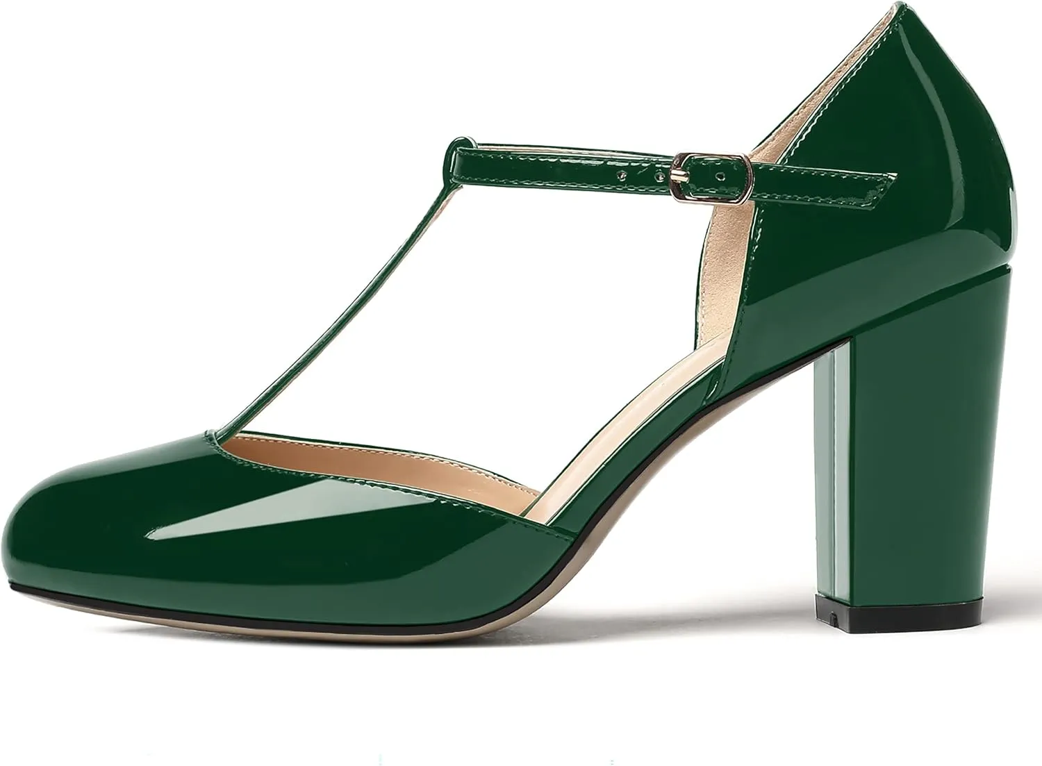 MODENCOCO Women's Patent Buckle Ankle Strap Solid Round Toe T Strap Block High Heel Pumps Shoes 3.5 Inch
