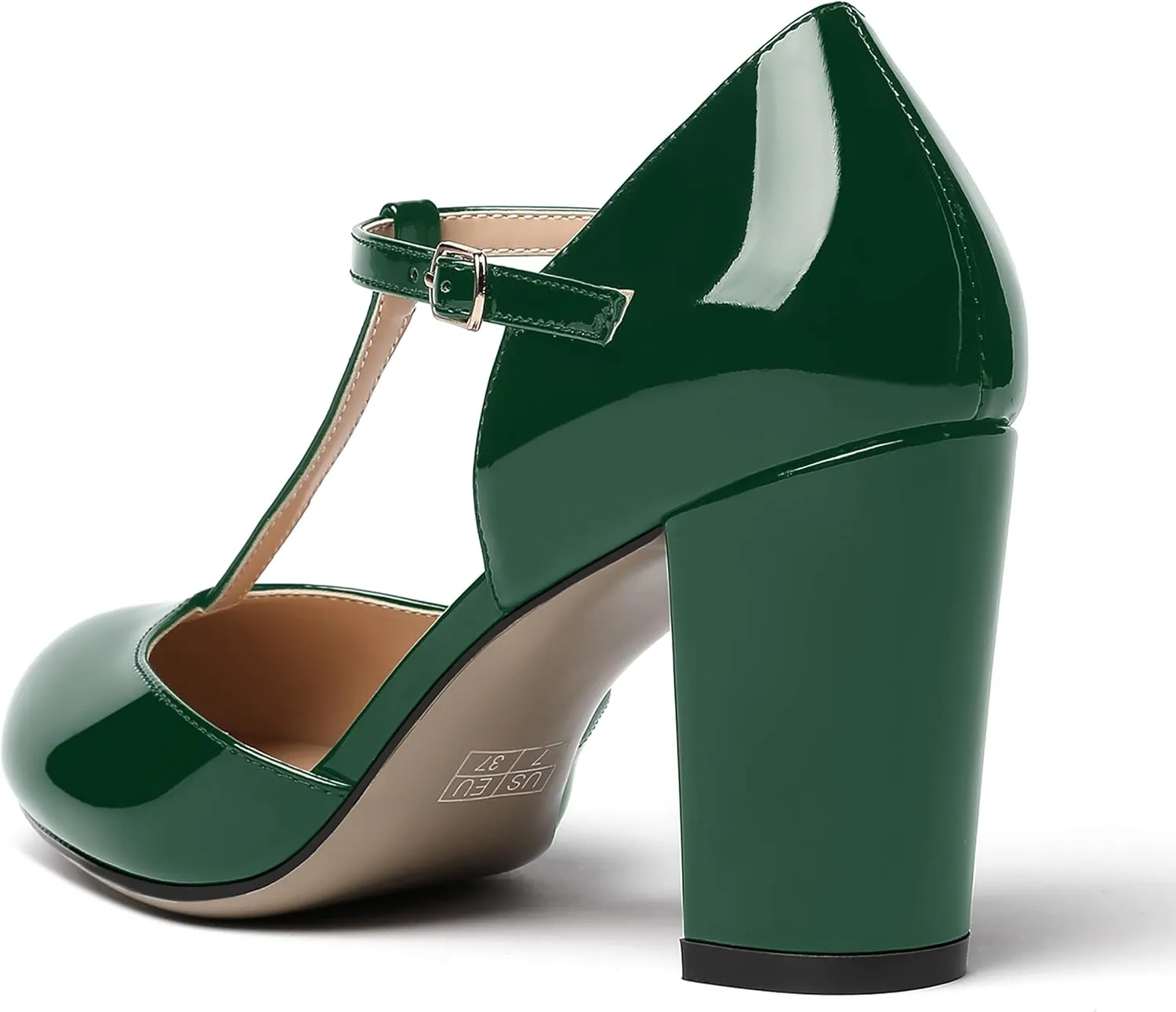 MODENCOCO Women's Patent Buckle Ankle Strap Solid Round Toe T Strap Block High Heel Pumps Shoes 3.5 Inch