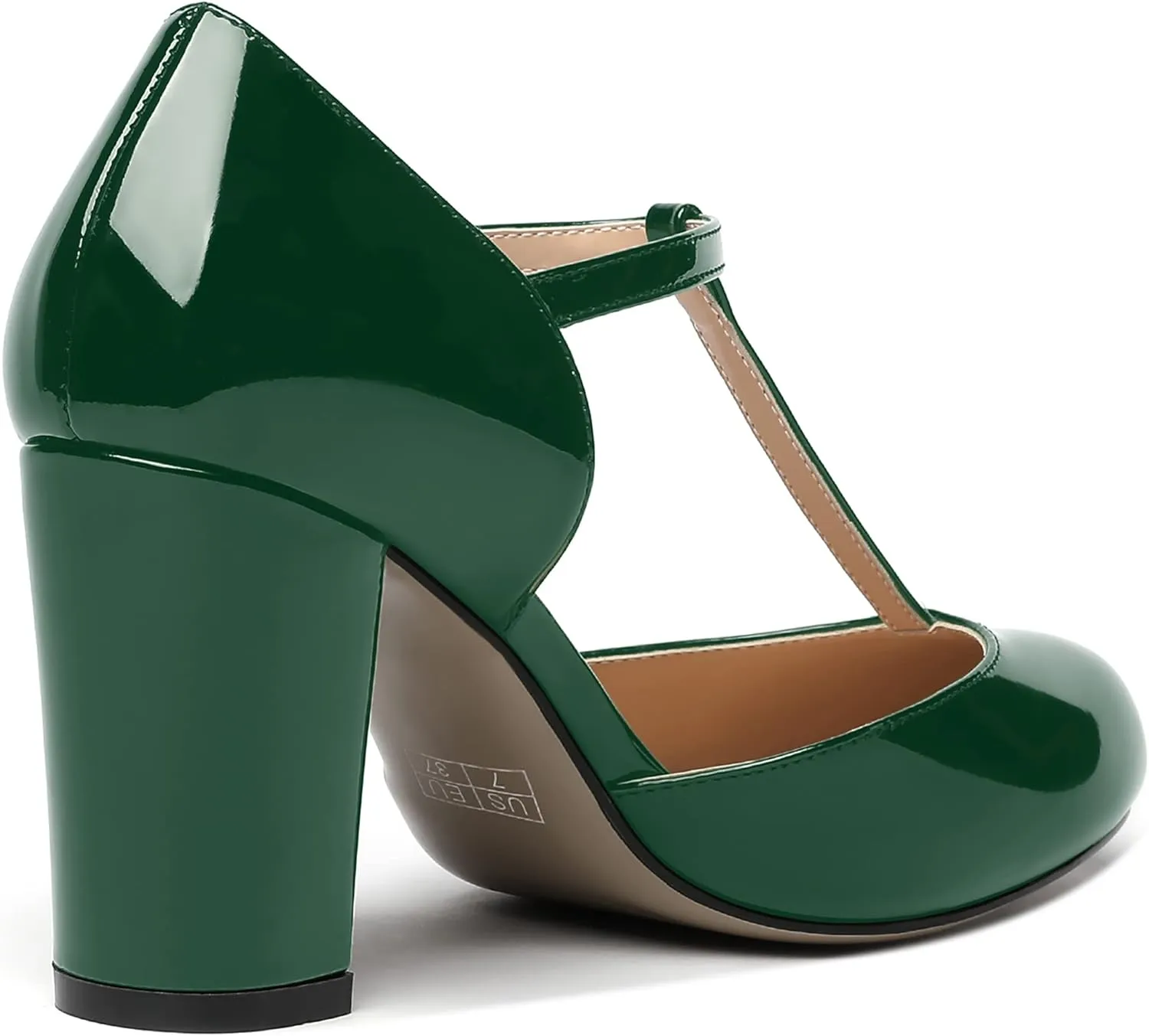 MODENCOCO Women's Patent Buckle Ankle Strap Solid Round Toe T Strap Block High Heel Pumps Shoes 3.5 Inch