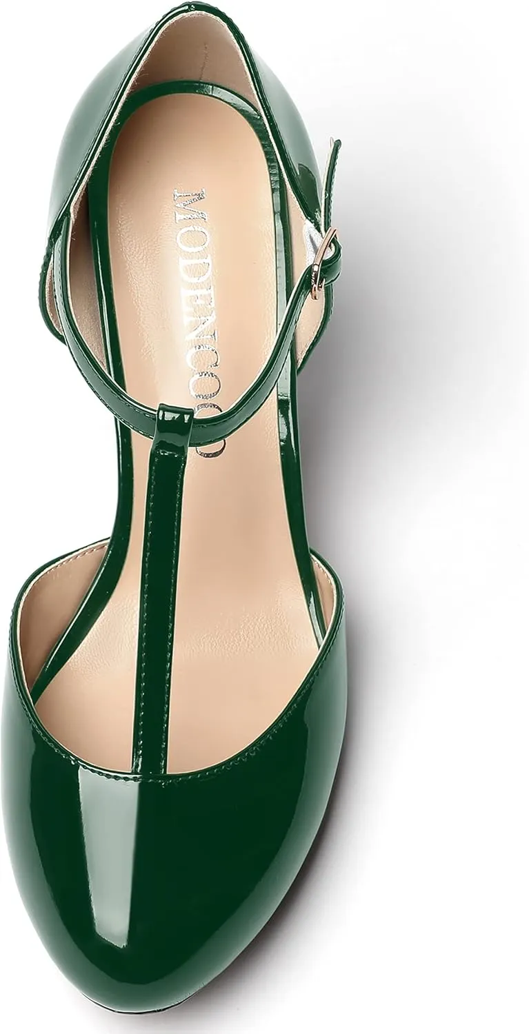 MODENCOCO Women's Patent Buckle Ankle Strap Solid Round Toe T Strap Block High Heel Pumps Shoes 3.5 Inch