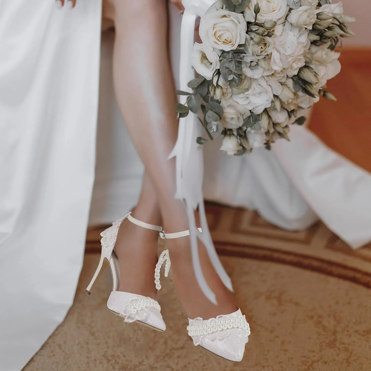 Mofri ShowHow Women's High Heels Stiletto Closed Pointed Toe Heels Pearl Lace Wedding Shoes Ankle Strap Pumps Bridal Party Wedding Dress Shoes