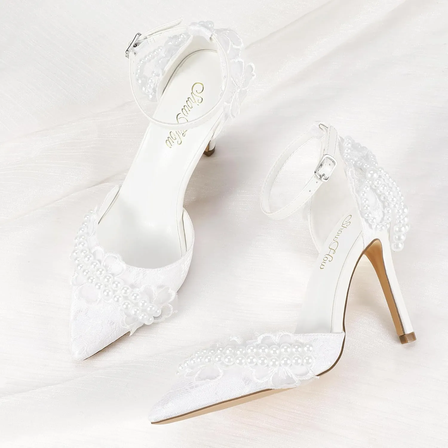 Mofri ShowHow Women's High Heels Stiletto Closed Pointed Toe Heels Pearl Lace Wedding Shoes Ankle Strap Pumps Bridal Party Wedding Dress Shoes
