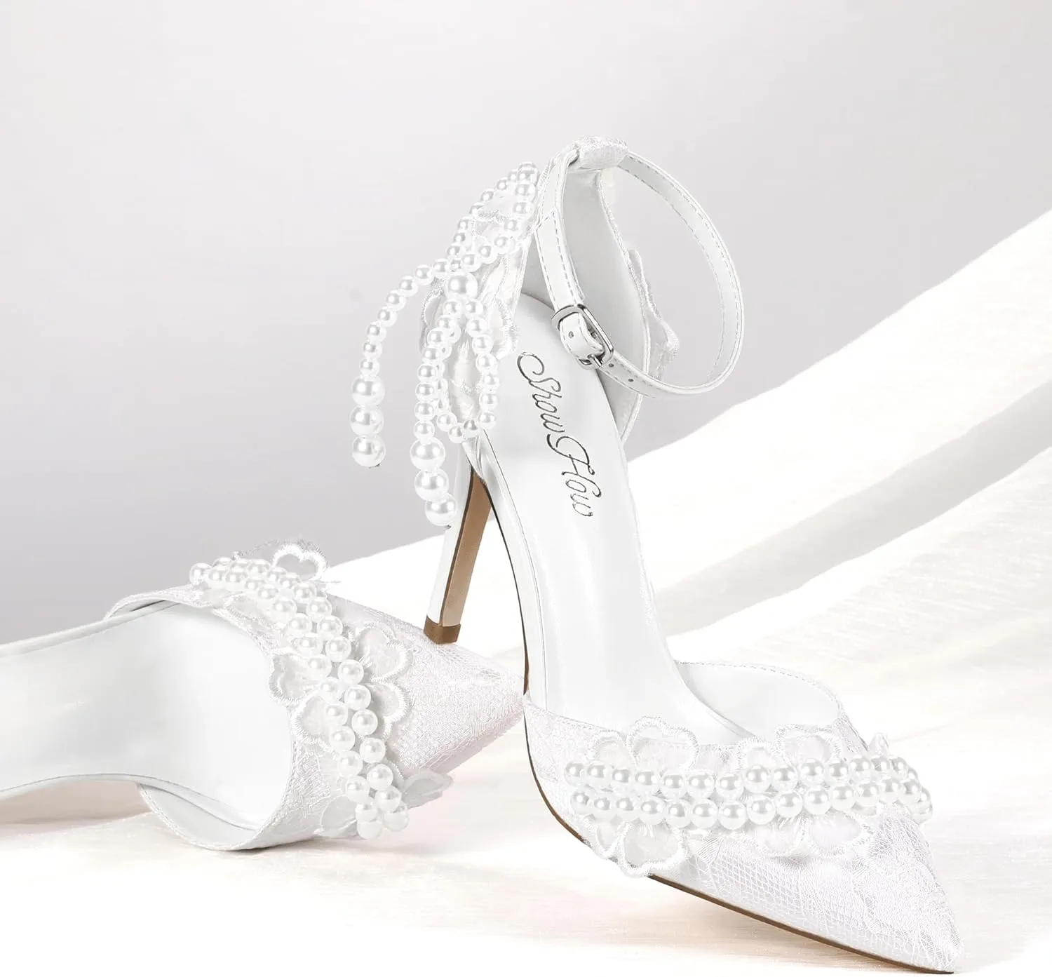 Mofri ShowHow Women's High Heels Stiletto Closed Pointed Toe Heels Pearl Lace Wedding Shoes Ankle Strap Pumps Bridal Party Wedding Dress Shoes