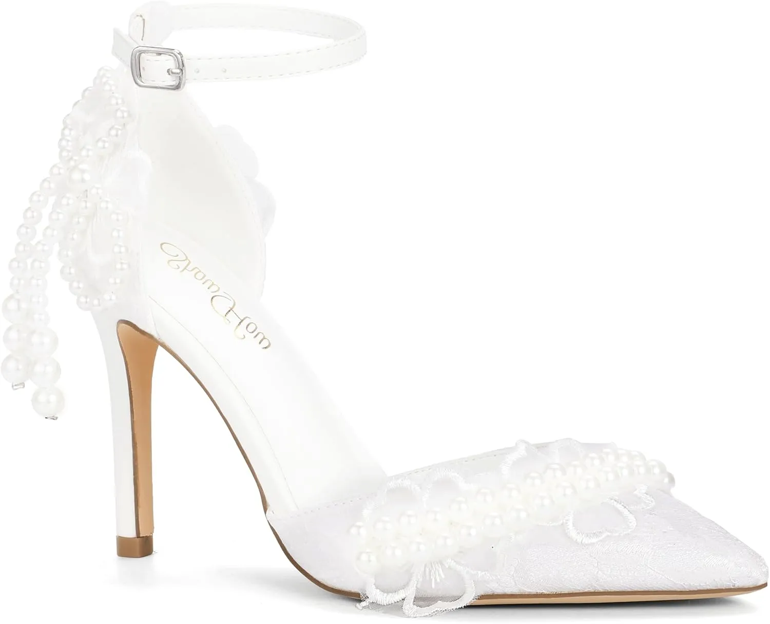Mofri ShowHow Women's High Heels Stiletto Closed Pointed Toe Heels Pearl Lace Wedding Shoes Ankle Strap Pumps Bridal Party Wedding Dress Shoes
