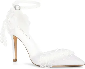 Mofri ShowHow Women's High Heels Stiletto Closed Pointed Toe Heels Pearl Lace Wedding Shoes Ankle Strap Pumps Bridal Party Wedding Dress Shoes