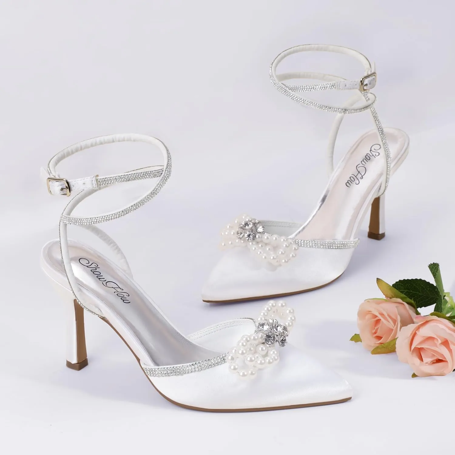 Mofri ShowHow Womens Wedding High Heels Slingback Stiletto Heels Closed Pointed Toe Strappy Heels Ankle Strap Pumps Rhinestone Pearl Bow Heels Bridal Party Wedding Dress Shoes