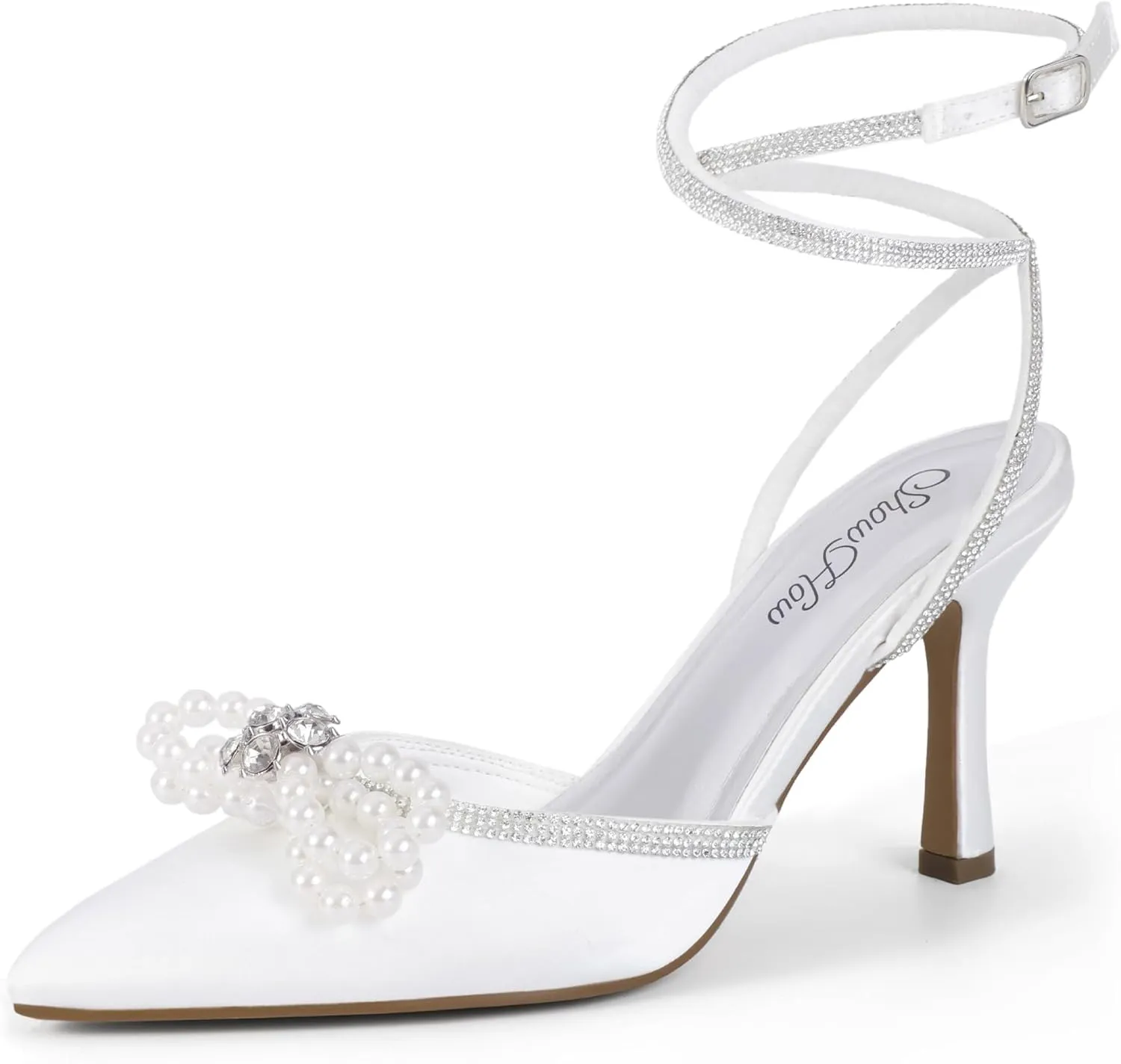 Mofri ShowHow Womens Wedding High Heels Slingback Stiletto Heels Closed Pointed Toe Strappy Heels Ankle Strap Pumps Rhinestone Pearl Bow Heels Bridal Party Wedding Dress Shoes