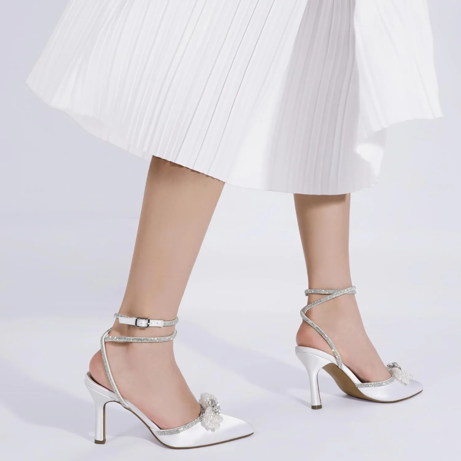 Mofri ShowHow Womens Wedding High Heels Slingback Stiletto Heels Closed Pointed Toe Strappy Heels Ankle Strap Pumps Rhinestone Pearl Bow Heels Bridal Party Wedding Dress Shoes