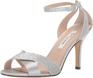 NINA Womens Glitter Ankle Strap Heel Sandals Silver 6.5 Medium (B,M)