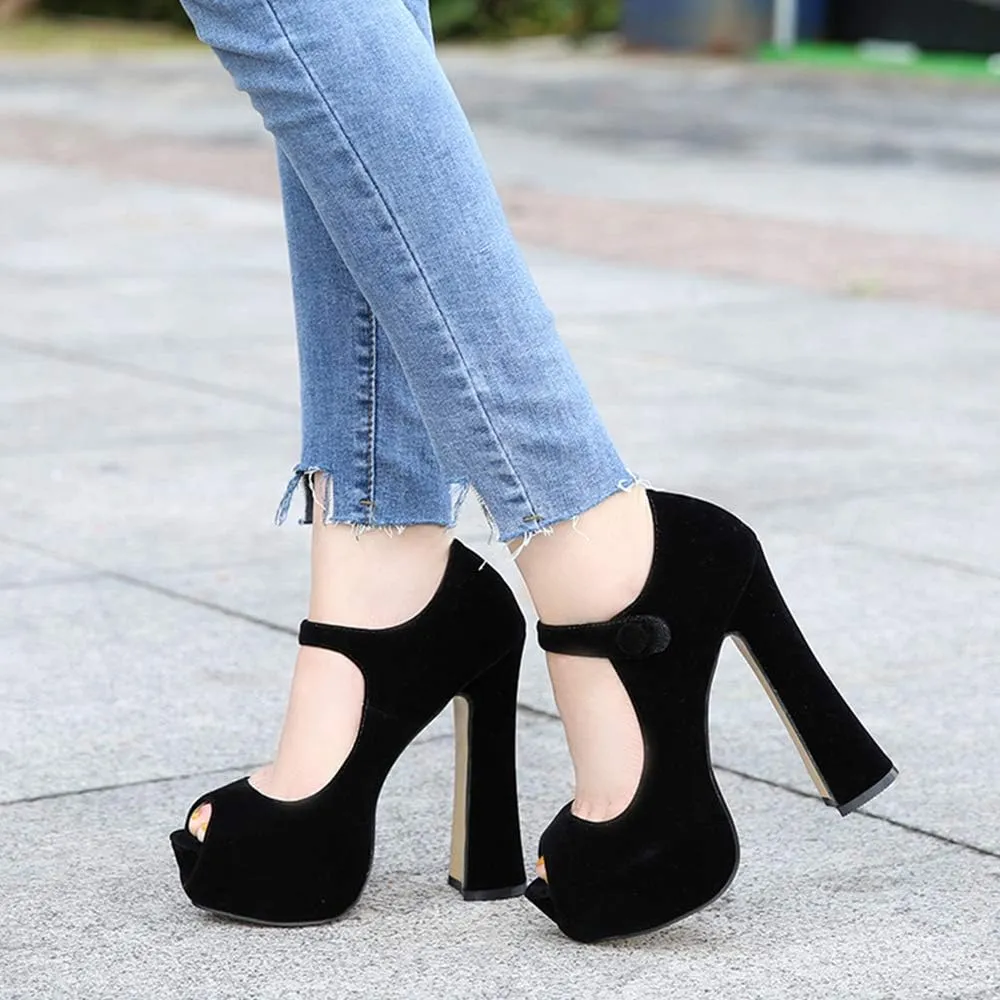 OCHENTA Women's Peep Toe Platform High Heels Ankle Strap Pumps Chunky Heels for Party Daily Wear