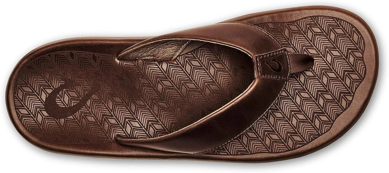 OLUKAI 'Ilikai Men's Leather Sandals, Full-Grain Leather Flip-Flop Slides, Anatomical Footbed & Cushioning, Comfort Fit & Wet Grip Rubber