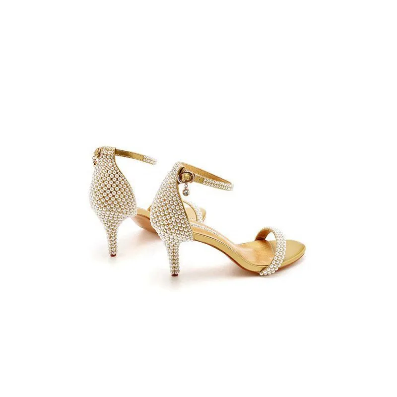 Open Toe Pearl Ankle Strap Wedding High Heels