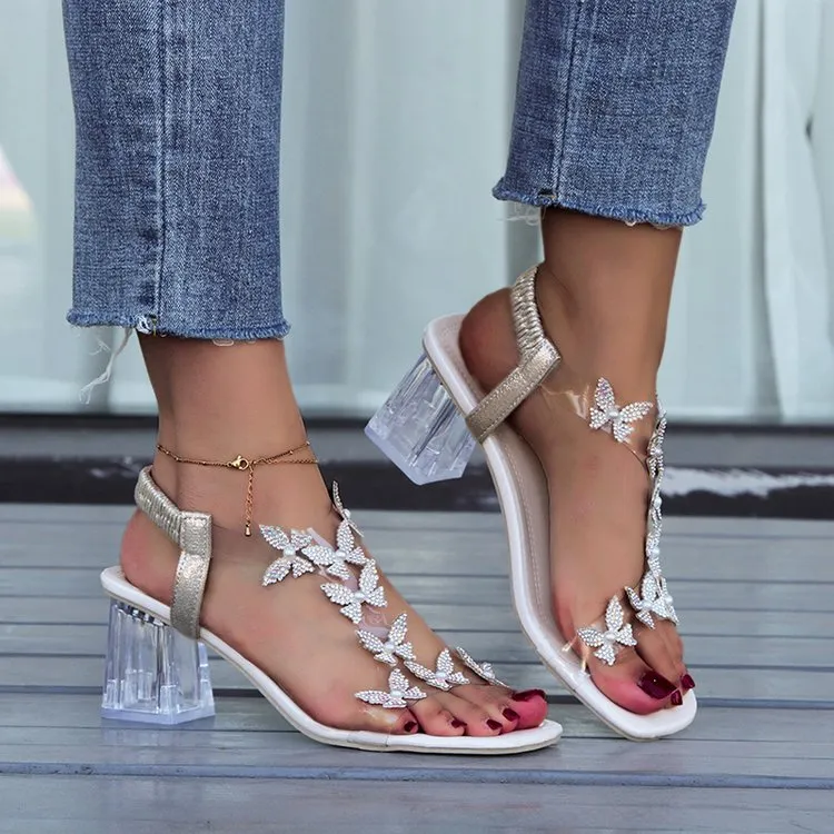 Orthopedic Women's Butterfly  Rhinestone Block Heel Sandals