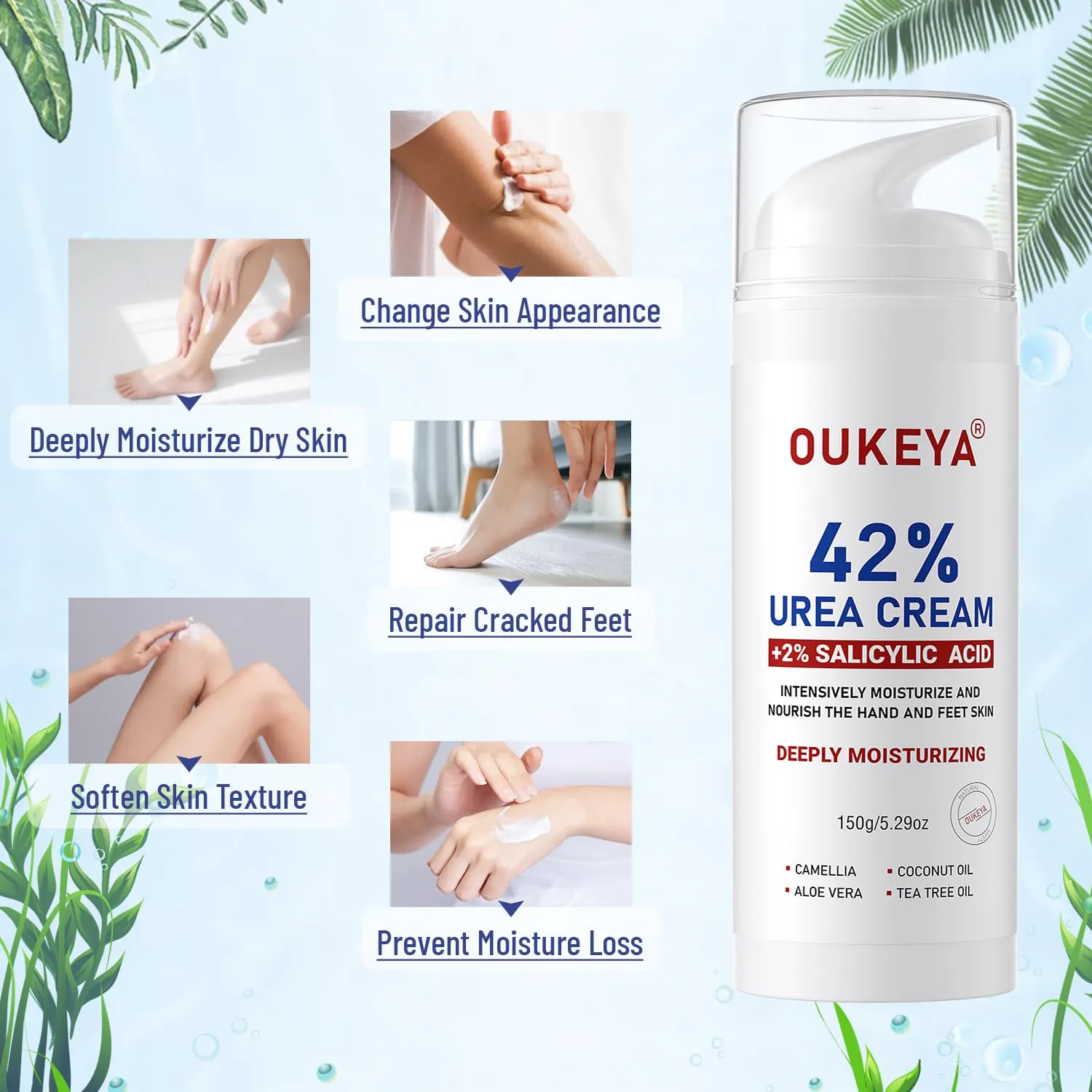 OUKEYA Urea Cream 42% plus Salicylic Acid 2% Intensive Repair Treatment for Cracked Skin on Hands, Heels, Elbows, and Lips - Relief for Dry Feet - Enhanced Pump Dispenser Packaging 2 Pack