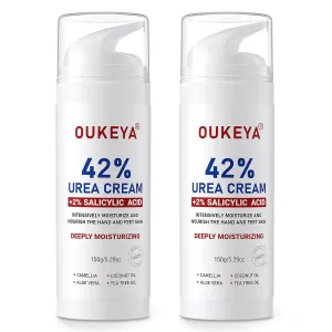 OUKEYA Urea Cream 42% plus Salicylic Acid 2% Intensive Repair Treatment for Cracked Skin on Hands, Heels, Elbows, and Lips - Relief for Dry Feet - Enhanced Pump Dispenser Packaging 2 Pack