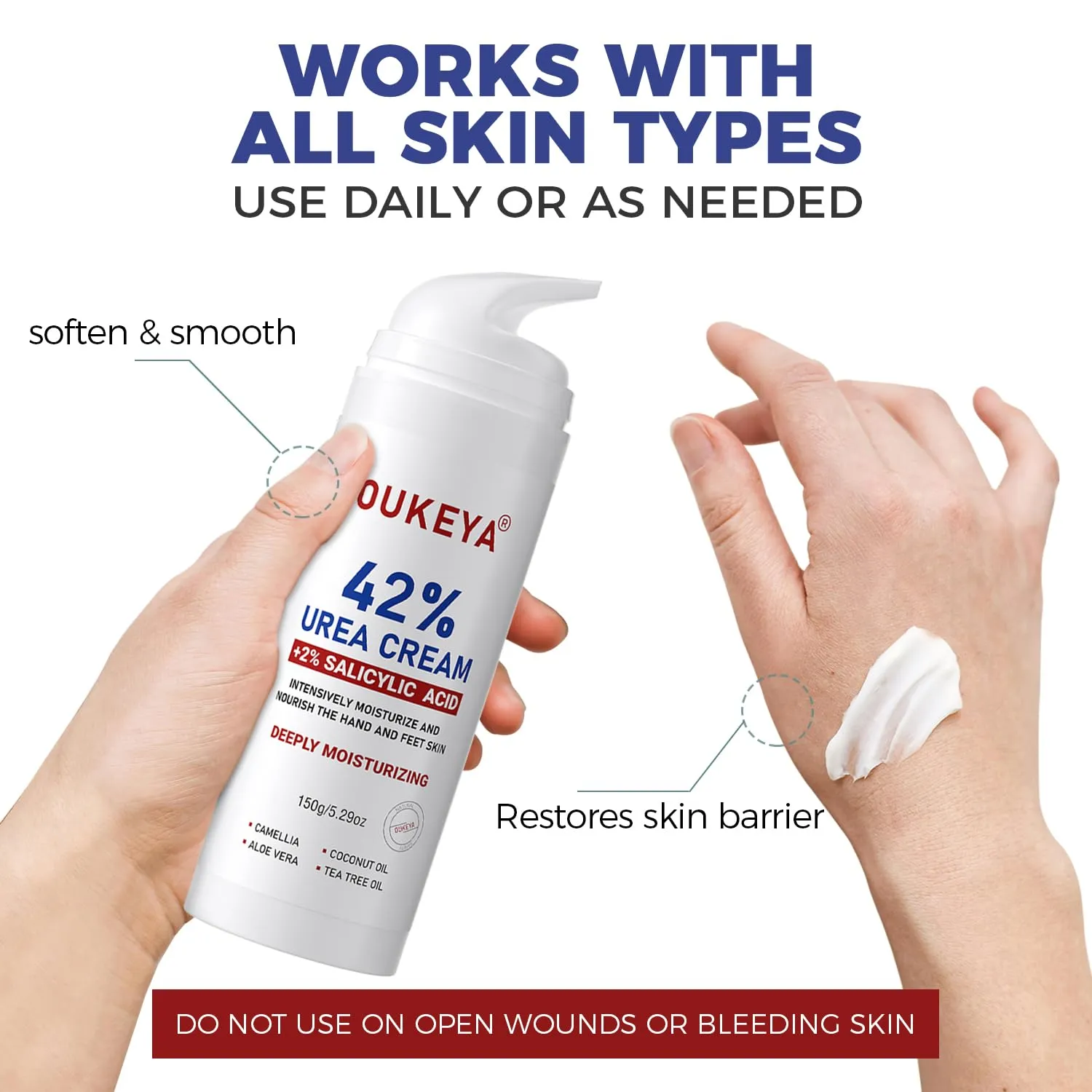 OUKEYA Urea Cream 42% plus Salicylic Acid 2% Intensive Repair Treatment for Cracked Skin on Hands, Heels, Elbows, and Lips - Relief for Dry Feet - Enhanced Pump Dispenser Packaging 2 Pack