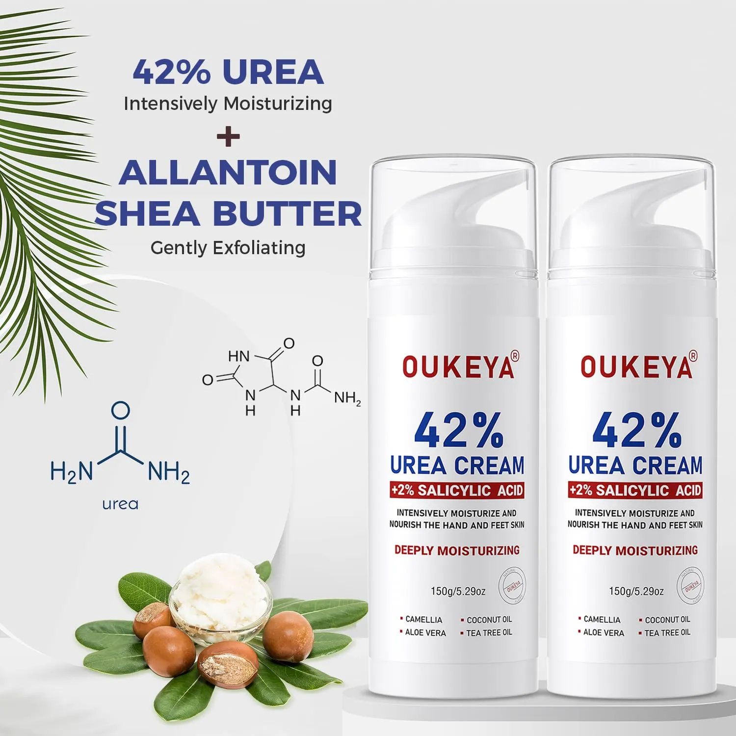 OUKEYA Urea Cream 42% plus Salicylic Acid 2% Intensive Repair Treatment for Cracked Skin on Hands, Heels, Elbows, and Lips - Relief for Dry Feet - Enhanced Pump Dispenser Packaging 2 Pack