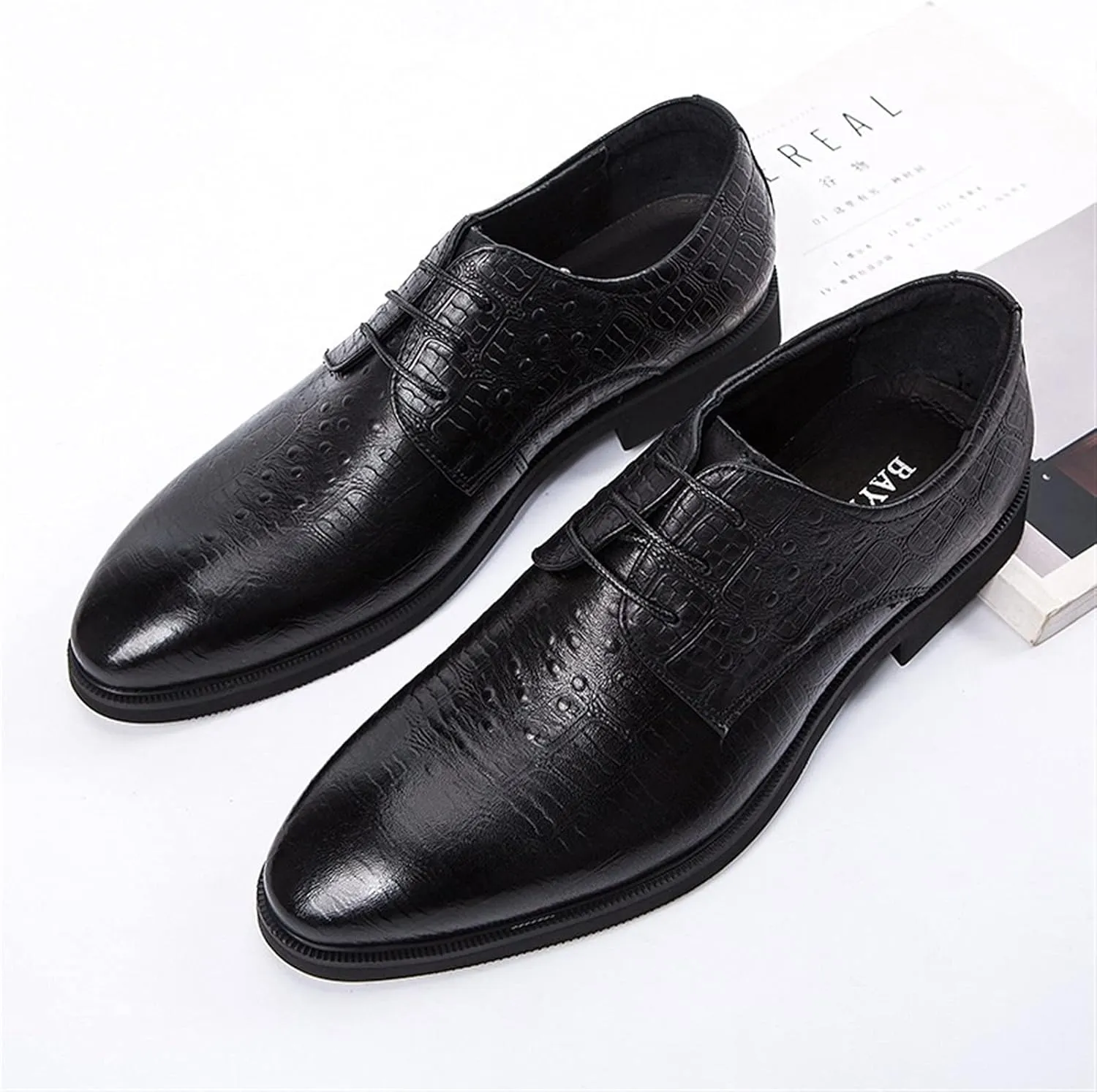 Oxford Shoes for Men Lace Up Burnished Toe Crocodile Print Derby Shoes Leather Low Top Slip Resistant Rubber Sole Party