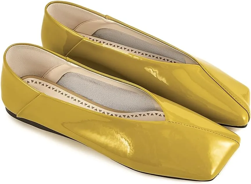 Patent Leather Ballet Flats for Women Fashionable Square Toe Ballet Flats Loafer Shoes for Women Nude Dress Shoes.