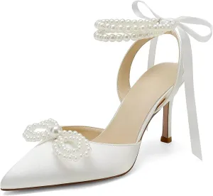 Pearl Heels Wedding Shoes for Bride Bow Wedding Heels Bridal Shoes