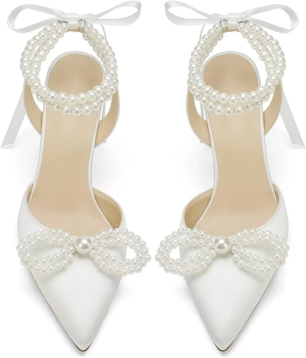 Pearl Heels Wedding Shoes for Bride Bow Wedding Heels Bridal Shoes