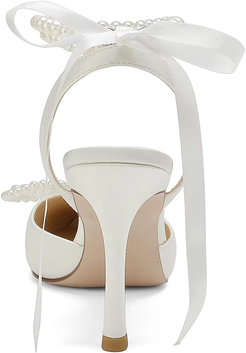 Pearl Heels Wedding Shoes for Bride Bow Wedding Heels Bridal Shoes