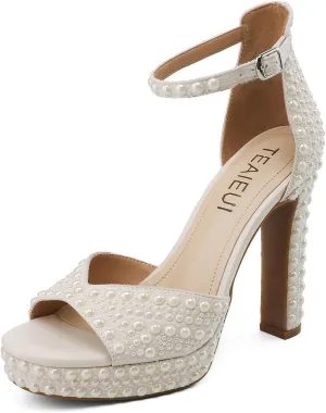 Pearl Rhinestone Heels Platform Block Sandals for Women Wedding Sandals for Bride Chunky Heels Bridal Shoes with Ankle Strap