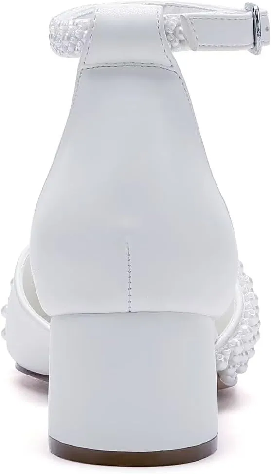 Pearl Wedding Shoes Low Heel Bridal Shoes Round Toe Pearl Heels Ankle Strap Block Wedding Heels