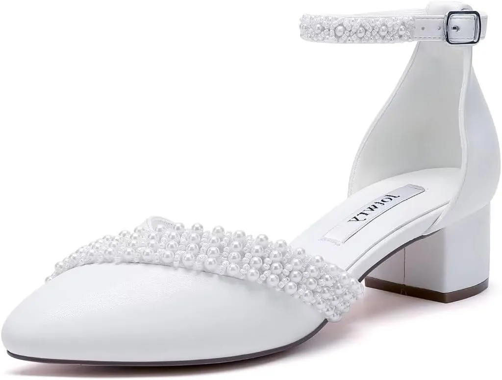 Pearl Wedding Shoes Low Heel Bridal Shoes Round Toe Pearl Heels Ankle Strap Block Wedding Heels