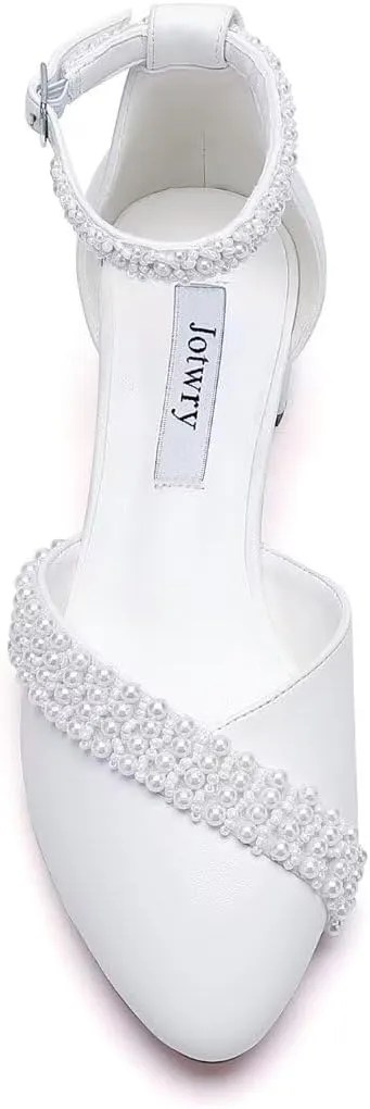 Pearl Wedding Shoes Low Heel Bridal Shoes Round Toe Pearl Heels Ankle Strap Block Wedding Heels