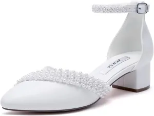 Pearl Wedding Shoes Low Heel Bridal Shoes Round Toe Pearl Heels Ankle Strap Block Wedding Heels