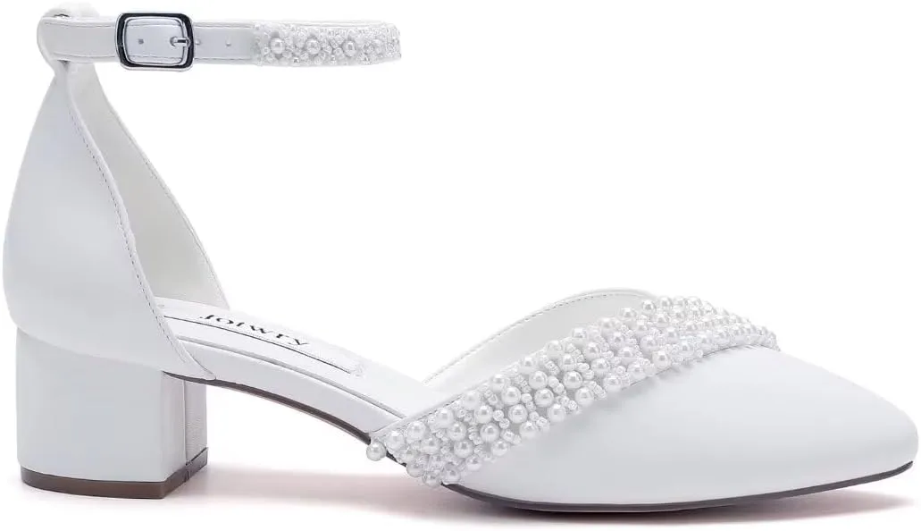 Pearl Wedding Shoes Low Heel Bridal Shoes Round Toe Pearl Heels Ankle Strap Block Wedding Heels