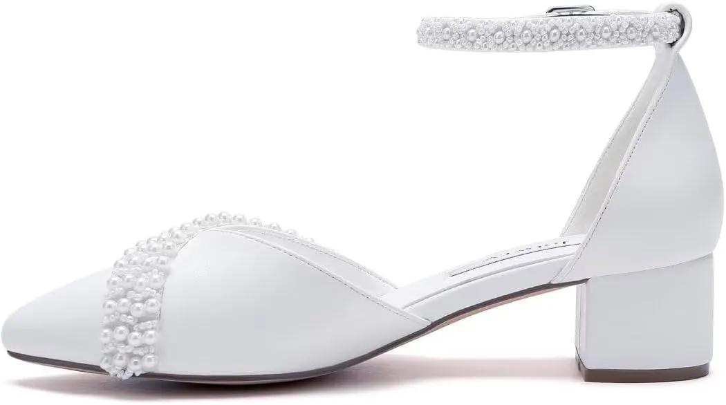 Pearl Wedding Shoes Low Heel Bridal Shoes Round Toe Pearl Heels Ankle Strap Block Wedding Heels