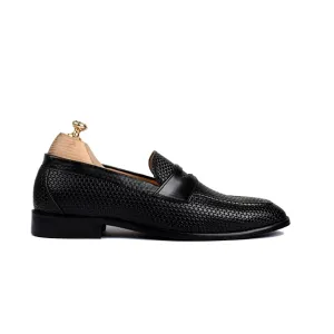 Penny Weaved Black Hand Colored Leather Loafer