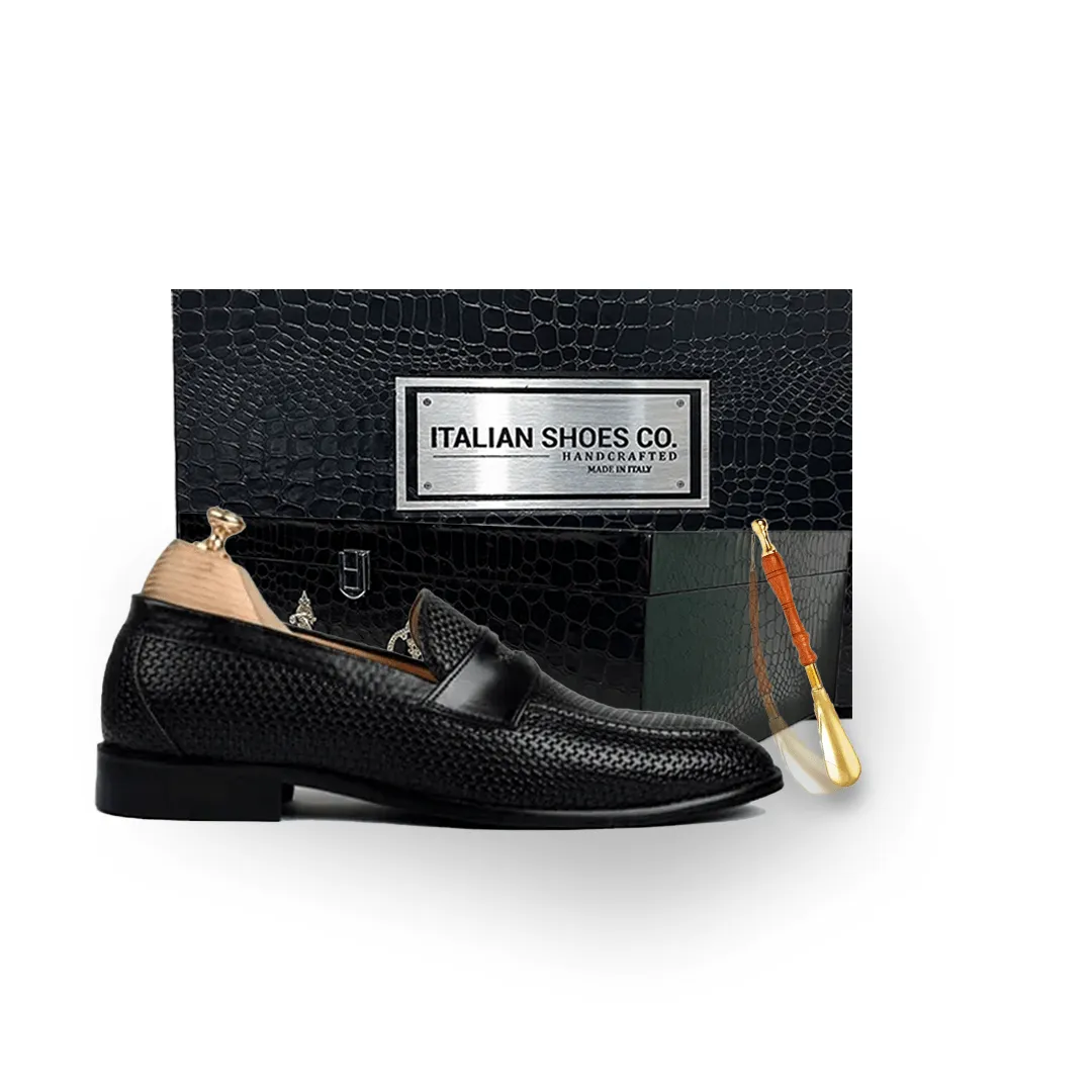 Penny Weaved Black Hand Colored Leather Loafer