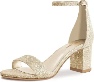 PIZZ ANNU Women's Low Block Chunky Heels Sandals Comfortable Open Toe Ankle Strap Party Dress Pump Shoes Strappy Buckle Heeled Sandal with 2 Inches Tall Thick Heel Design