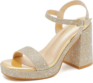 Platform Sandals Women Fashion Block Chunky Heeled Sandals Open Toe High Heels Evening Wedding Party Prom Dance Summer Ankle Strap Dress Shoes