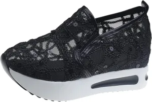 Platform Wedge Sneakers for Women Lightweight Breathable Embroidery Floral Mesh Hollow Out Walking Shoes Summer Comfortable Chunky Sole Hidden High Heels Slip On Loafers