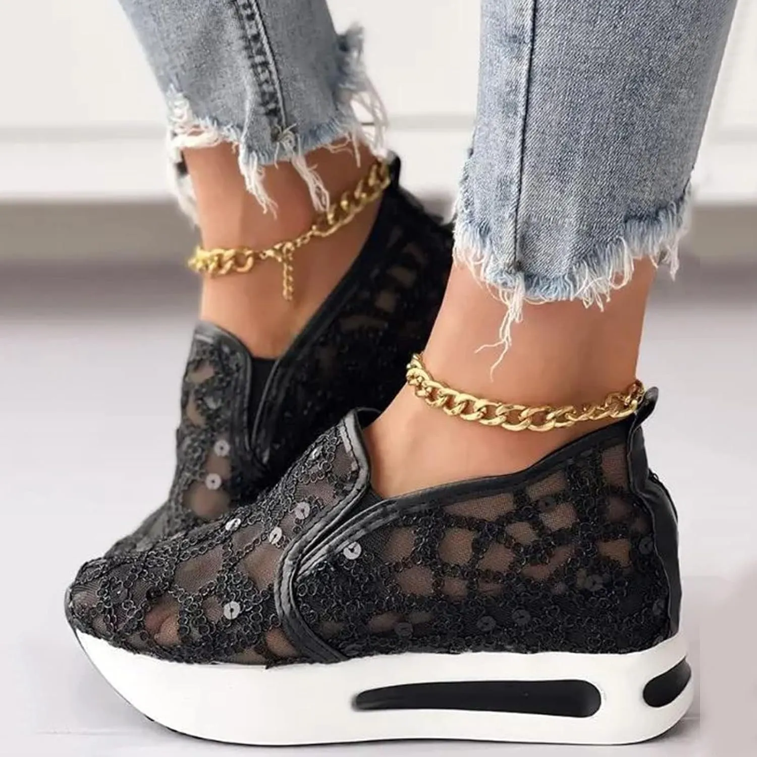 Platform Wedge Sneakers for Women Lightweight Breathable Embroidery Floral Mesh Hollow Out Walking Shoes Summer Comfortable Chunky Sole Hidden High Heels Slip On Loafers