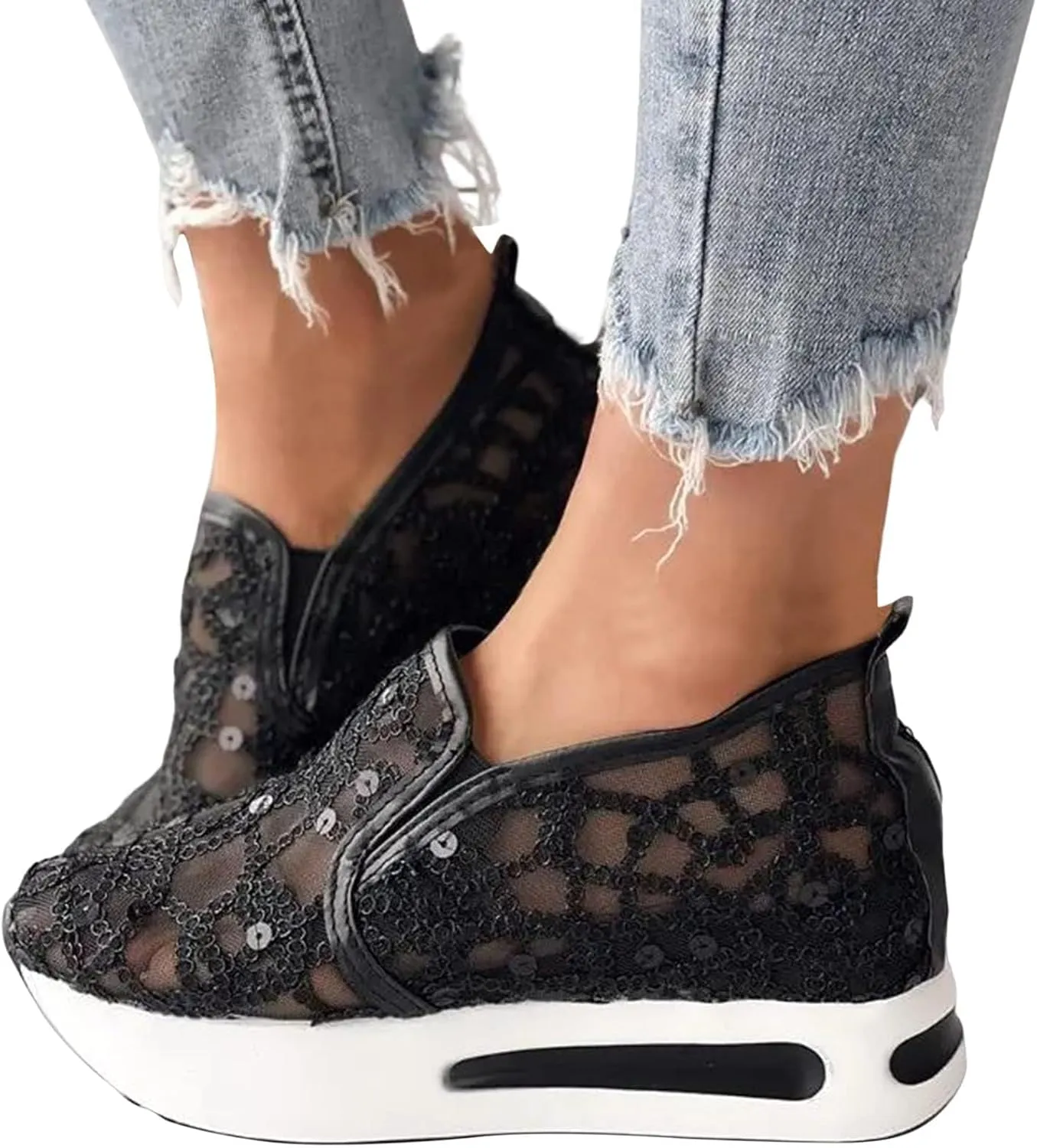 Platform Wedge Sneakers for Women Lightweight Breathable Embroidery Floral Mesh Hollow Out Walking Shoes Summer Comfortable Chunky Sole Hidden High Heels Slip On Loafers