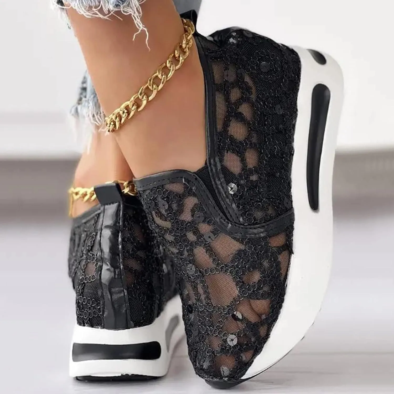 Platform Wedge Sneakers for Women Lightweight Breathable Embroidery Floral Mesh Hollow Out Walking Shoes Summer Comfortable Chunky Sole Hidden High Heels Slip On Loafers