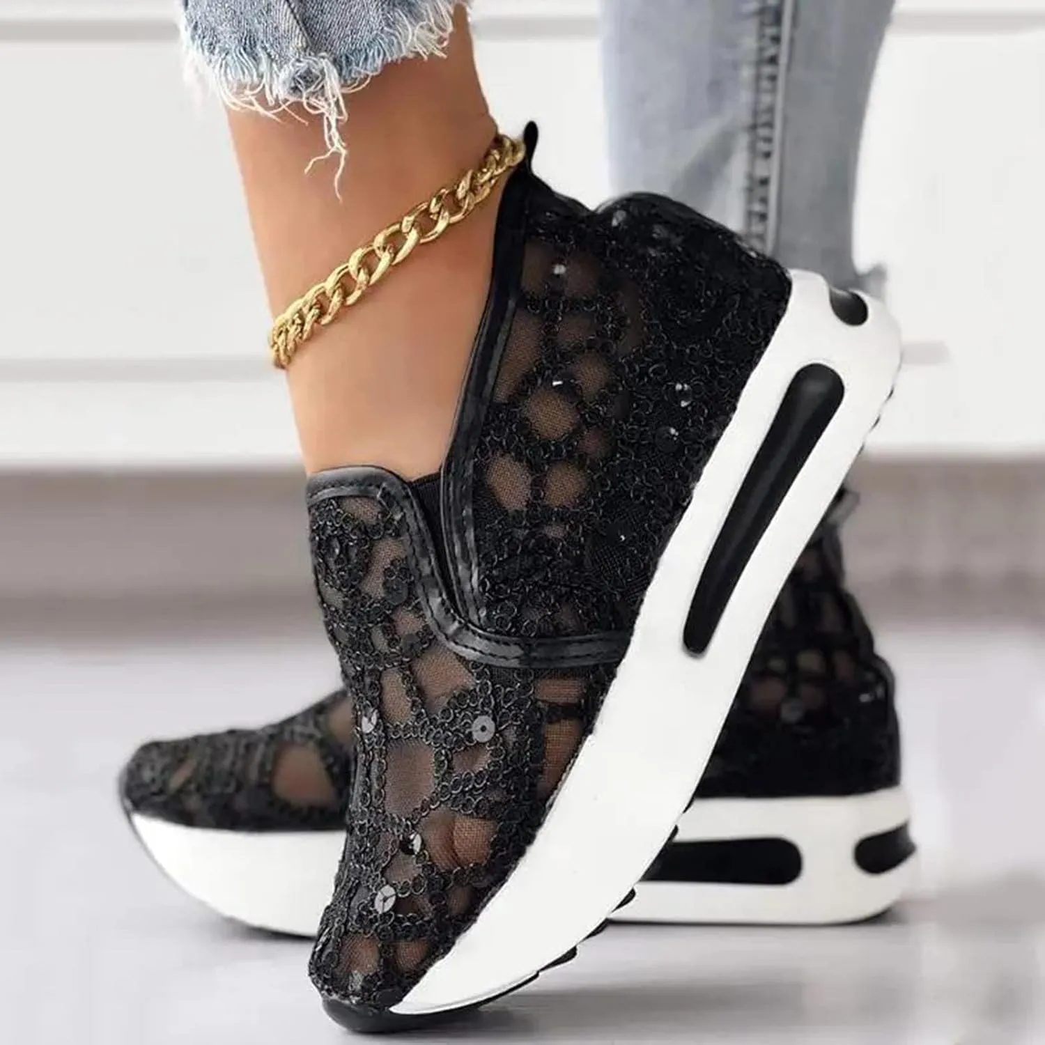 Platform Wedge Sneakers for Women Lightweight Breathable Embroidery Floral Mesh Hollow Out Walking Shoes Summer Comfortable Chunky Sole Hidden High Heels Slip On Loafers