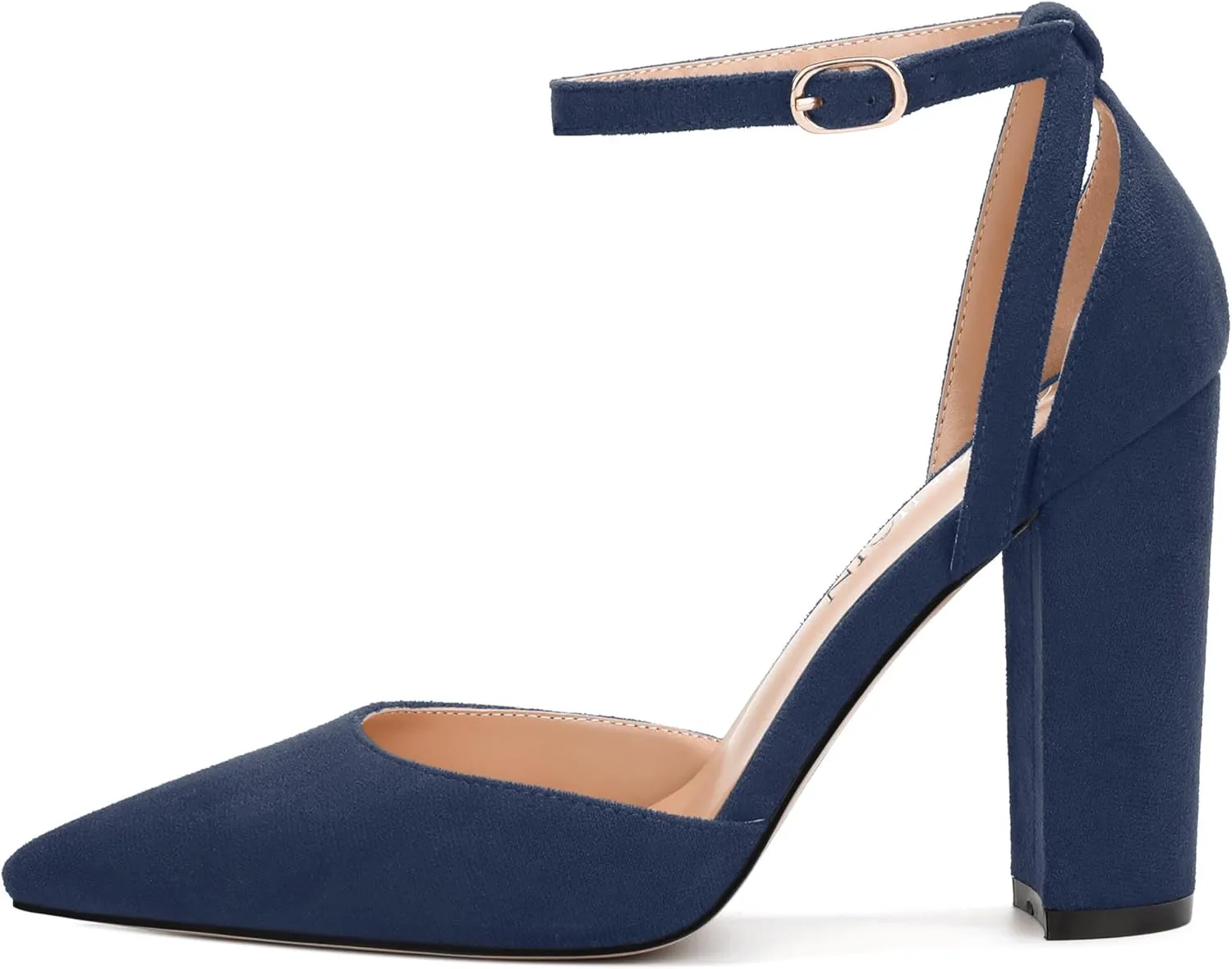 Pointed Toe Pumps - Fashion Ankle Strap Closed Toe Heels, Chunky Heels for Women