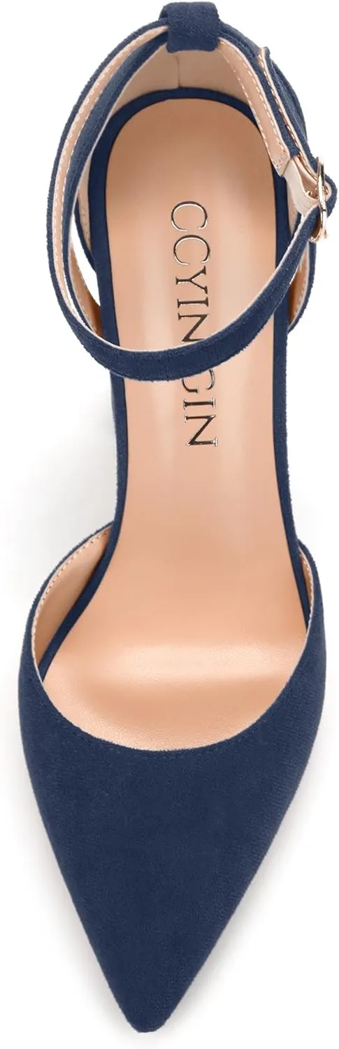 Pointed Toe Pumps - Fashion Ankle Strap Closed Toe Heels, Chunky Heels for Women